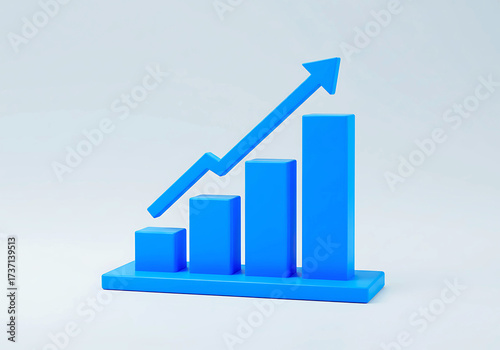 3d minimal data analysis icon. soaring finances. Strengthening currency. A bar graph with an arrow rising. 3d illustration.