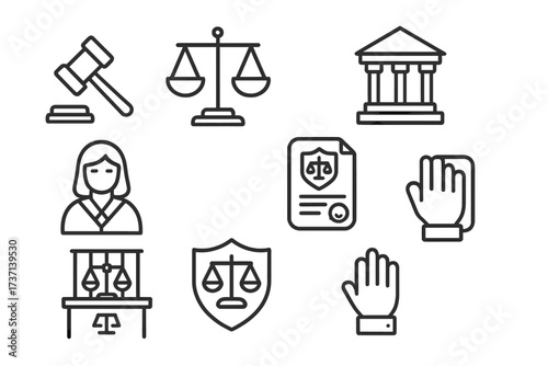 Law and justice icon set. Legal symbols in modern thin line style. Includes judge, gavel, scales of justice, courthouse. Outline vector illustration for court and legal services.