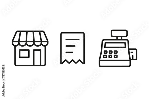 Shopping outline icons bundle including store front, receipt, and cash register. Simple line art for retail, sales, payment, commerce designs. Ideal for cards, posts, apps, websites vector
