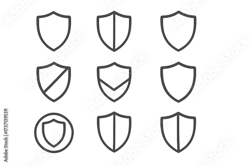Shield Icon Line Collection, Editable Stroke Minimalist Linear Shield Pictogram Set for Design of Cards, Apps, Banners, Posts, Vector Shield Outline Illustration with Transparent Background