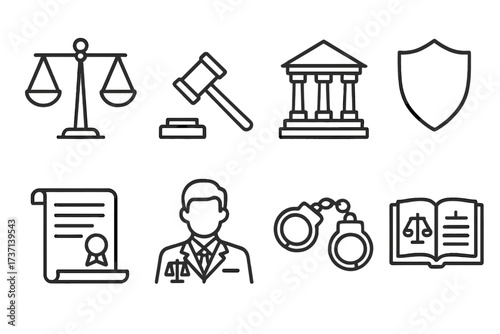 Law and justice vector icon set. Legal symbols in a modern outline style. Gavel, scales, courthouse, judge, lawyer, book, handcuffs, and diploma icons for crime and court themes.