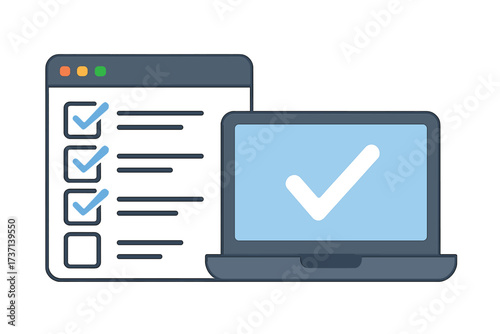 Online checklist and survey on laptop screen. Digital to-do list with check marks in browser window. Concept of completed tasks, business goals, test, voting, or agreement.