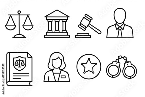 Legal icons set for law and justice. Vector line symbols of courthouse, gavel, scales of justice, lawyer, judge, sheriff badge and handcuffs. Modern outline pictogram collection.