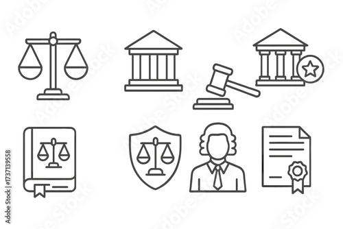 Legal icons set. Justice symbols in thin line style. Law and order concept. Courthouse, judge, gavel, scales of justice, law book, document vector illustration. Court icons.