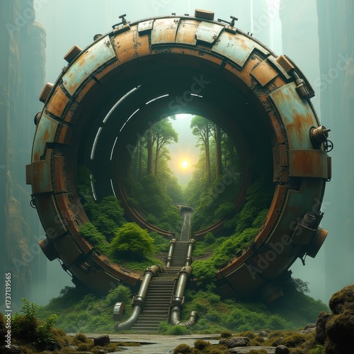 Futuristic Portal in Lush Green Landscape