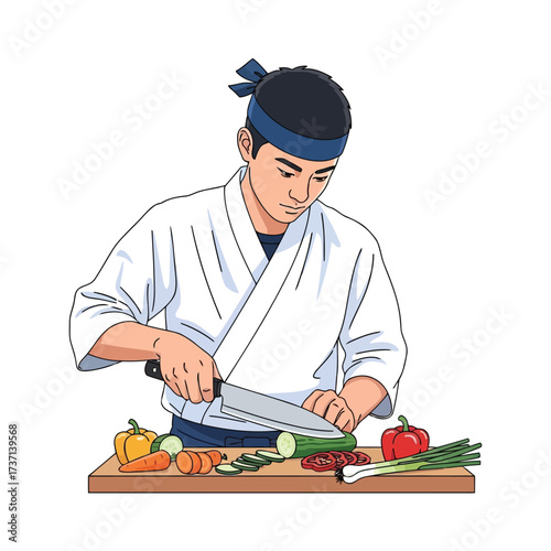 Vector illustration of a young male chef in a white uniform and blue headband meticulously slicing a cucumber on a wooden cutting board surrounded by fresh vegetables