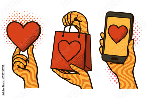 Trendy Valentine’s Day vertical banners set with halftone groovy hands holding red heart, love gift paper bag, and smartphone with heart message, 80s retro style nostalgia art