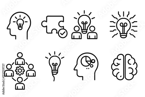 Creativity line icon set. Brainstorming, innovation, and teamwork. Solution finding and creative thinking. Head with light bulb idea, brain and puzzle symbol vector pack.