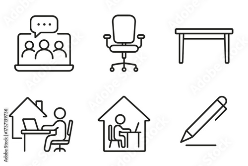Work from home line icon set. Remote work, online meeting, freelance and home office concept. Vector icons of desk, chair, video conference call and telecommuting symbol.