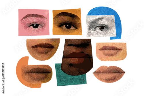 Diverse women faces collage. Abstract mixed media art with eyes and lips parts. Concept of feminism, allyship, sisterhood, 8 March. Multicultural beauty, female empowerment.