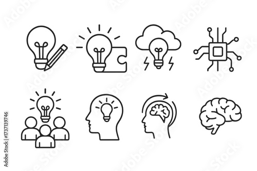 Creativity icon set. Creative thinking, idea generation, innovation. Brainstorming, finding solution, strategy. Teamwork, technology, inspiration. Mind, brain, intelligence symbol.