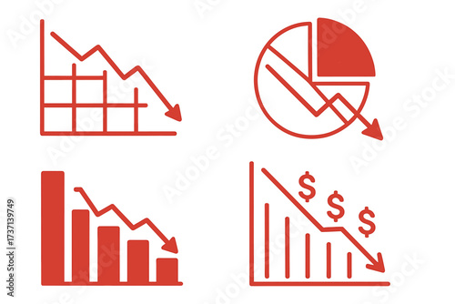 Financial crisis and economic recession icon set. Business infographic charts showing market decline, bankruptcy, and money loss. Vector data visualization of a stock crash.