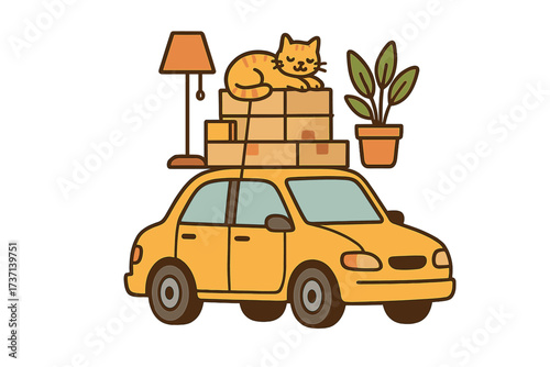 Moving home concept with small yellow car loaded with stacked cardboard boxes, plant, lamp, and sleeping cat on roof, relocation, transport, flat vector illustration