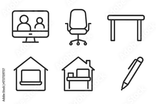 Business work from home line icon set. Remote work, online meeting, telework, video conference concepts. Office chair, table, pen symbols. Home office vector icons.