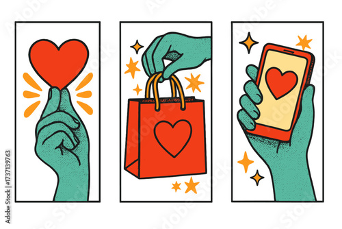 Trendy Valentine’s Day vertical banners set with halftone groovy hands holding red heart symbol, love present paper bag, and smartphone with heart message, nostalgic 80s style art