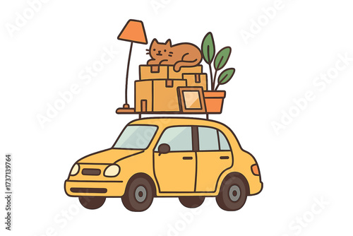 Moving house concept with small yellow car carrying packed boxes, furniture, lamp, cat, and potted plant on the roof, relocation, transport, household move, vector flat design