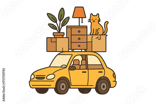 Moving home concept with small yellow car carrying boxes, furniture, lamp, plant, and cat on the roof, packed for relocation, moving house, transport, packing vector illustration