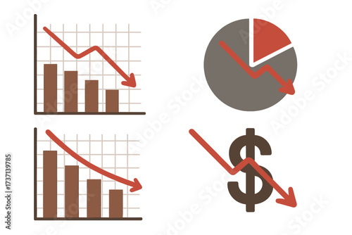 Vector set of business infographic charts showing a financial crisis. Concept of economic reduction, bankruptcy, money loss, and recession. Icons of a down arrow on a graph.