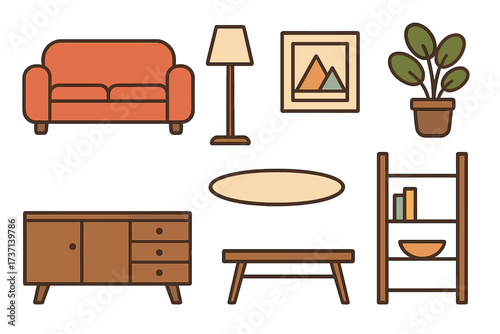 Modern flat design icon set of living room furniture and decor. Vector illustration collection of home furnishings like sofa, lamp, table, shelf, and plant for interior design.