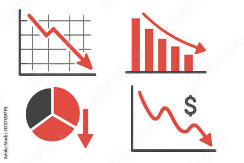Financial crisis and economic recession concept. Set of business infographic charts showing decline, money loss, and bankruptcy. Down arrow on graphs indicates failure and reduction.