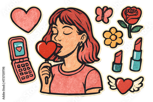 Trendy retro halftone style cute collage with girly elements, stickers cut from magazine, Y2K aesthetic, Valentine's Day theme with girl licking heart-shaped lollipop, lipstick, rose, butterfly