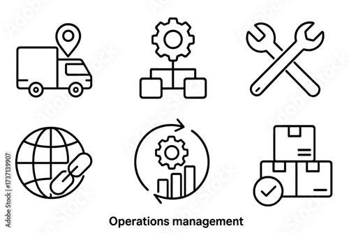 Operations management line icons set. Logistics, supply chain, maintenance, improvement. Business process, workflow, planning, global network, and delivery vector symbols.
