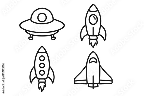 Simple Spaceship Icon Collection, Editable Outline Stroke, Perfect for Infographics, Articles, Books, Flyers and Banners, Vector Cartoon Spacecraft Illustrations with Transparent Background