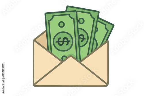 Envelope with money vector icon. Cash in open envelope. Financial gift, salary, or bonus concept. Sending and receiving payment. Bribe, corruption, or savings metaphor.