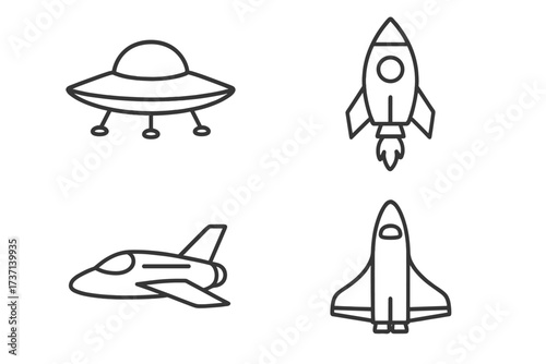 Spaceship Icon Collection with Editable Stroke, Simple Vector Cartoon Spacecraft, UFO, Rocket, and Shuttle Symbols, Perfect for Infographics, Articles, Flyers, and Banners