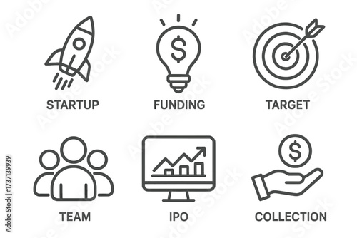 Product development icon set. Line style web icons for business startup, funding, investment, IPO, financial target. Teamwork and money collection vector symbols collection.