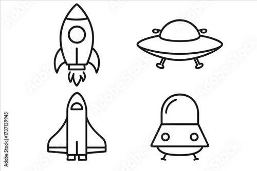 Simple Spaceship Icon Collection with Editable Stroke, Cute Vector Cartoon Rockets and UFOs for Infographics, Articles, Books, Flyers, Banners with Transparent Background