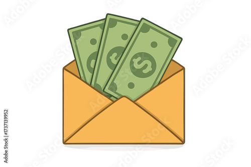 Open envelope with money. Cash dollar bills. Financial concept of salary, payment, bonus, savings, income. Sending, receiving money. Bribery. Financial gift. Vector icon.