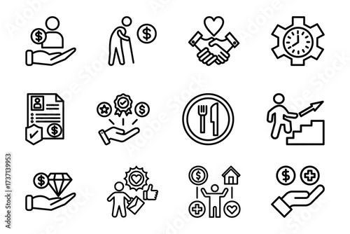 Employee benefit icon set on white background. Symbol of employee, retirement, flexible schedule, insurance, salary, bonus, break time, career ladder. Set vector line icons of employee benefits