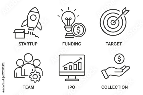 Product development icon set. Line icons for business startup, funding, investment, reaching target, teamwork, IPO growth, and revenue collection. Vector infographic elements.