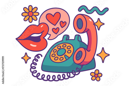 Retro telephone love call concept. Pop art vector with female lips, speech bubble hearts, and groovy flowers. Nostalgic 70s Y2K design for communication and romance.