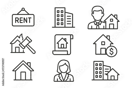 Real estate icon set in thin line style. Vector collection of property symbols for web and app design. Rent sign, building, agent, house auction, mortgage, home, realtor icons.