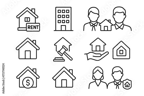 Real estate and property business line icon collection. Realtor, mortgage, rent, and auction symbols. Thin line vector icons for housing market, agent, and investment.