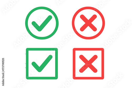 Green check mark and red cross icon set. Tick and X symbols for approval and rejection, correct and incorrect. Yes and no vote buttons. Circle and square validation signs.