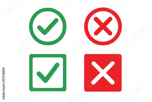 Green check mark and red cross icon set. Yes and No vector symbols. Tick and cross signs for validation. Right and wrong choice buttons. Approve, reject, correct concepts.