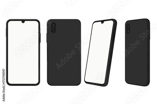 Realistic black smartphone mockup set. Mobile phone template with blank white screen. Vector illustration of a cell phone from front, back, and perspective angle view. Isolated.