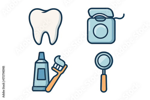 Dental care icons set. Tooth, dental floss, toothpaste with toothbrush, dental mirror. Oral hygiene symbols. Vector cartoon illustration with transparent background. Medical and healthcare concept.