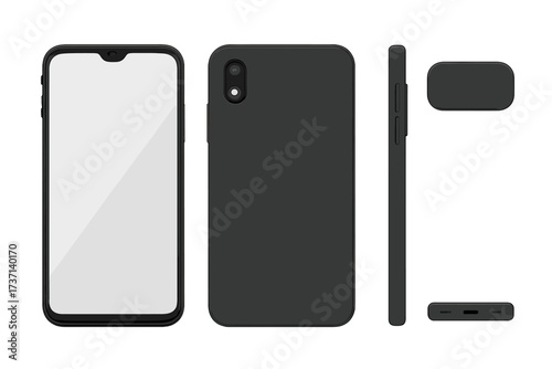 Realistic black smartphone mockup. Set of mobile phone views: front, back, side, top, bottom. Cellphone with blank screen for UI/UX app design. Modern gadget vector illustration.