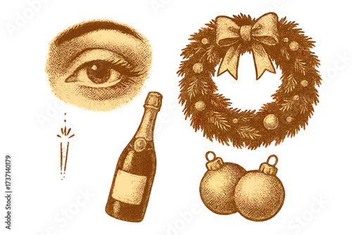Vintage artistic halftone Christmas montage with warm season greetings, eye illustration, festive wreath, champagne bottle, and Xmas tree baubles vector dotted design