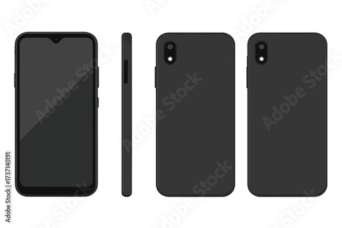 Realistic smartphone vector mockup set. Mobile phone from front, back, and side view. Black cellphone device with blank screen for design template. Isolated modern gadget.