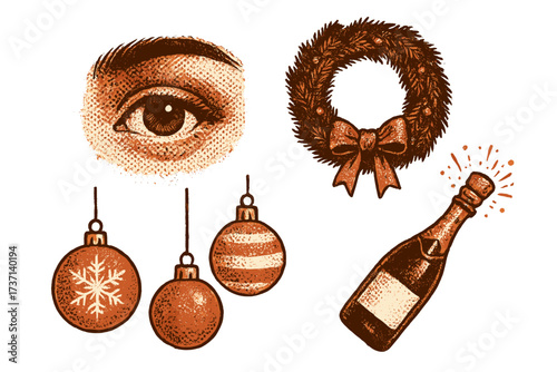 Vintage artistic halftone Christmas montage with detailed human eye, festive wreath with bow, popping champagne bottle, and decorated Christmas baubles vector art, holiday celebration design