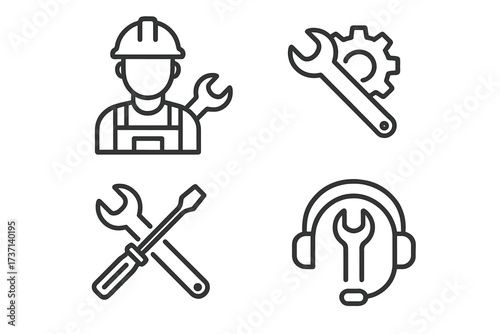 Repair icon set in line style. Maintenance and engineer tools collection. Technical support and customer service vector symbols. Mechanic, settings, configuration icons.