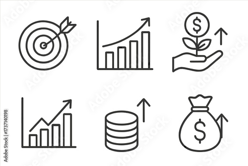 Growth icons line style set. Target, graph, investment, performance, profit collection. Business success, financial analysis, money savings, income increase concept vector.