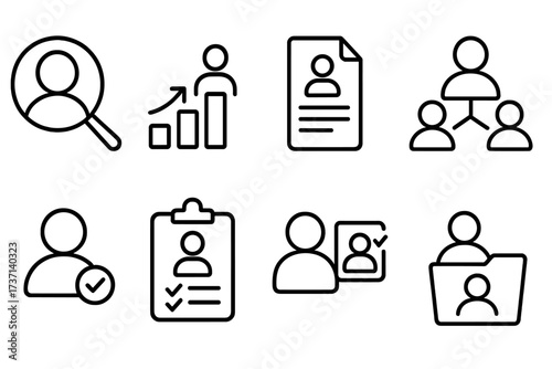 Human resources icons, line style. Headhunting, career, resume, work group, candidate, job hiring. Recruitment, management, employment, staff, personnel, workforce vector set.