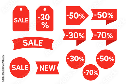 Red sale tags and new label collection. Vector discount stickers, banners and ribbons with 30, 50, 70 percent off. Special offer shopping icons for promotion. Price tag set.