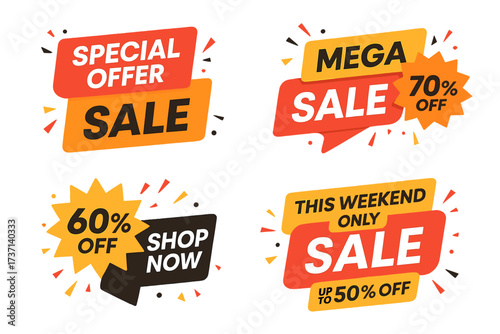 Sale banners vector set. Special offer and mega sale sticker collection. Discount tags with 50, 60, 70 percent off. Promotion label design for retail. Shop now weekend deal.